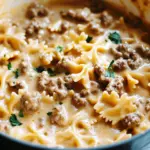 Cheesy Beef And Bowtie Pasta In Garlic Butter