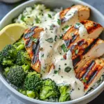 Grilled Chicken & Broccoli Bowls with Creamy Garlic Sauce