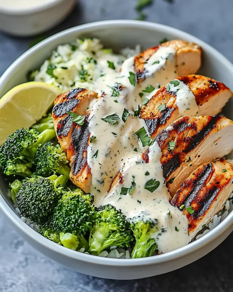 Grilled Chicken & Broccoli Bowls with Creamy Garlic Sauce