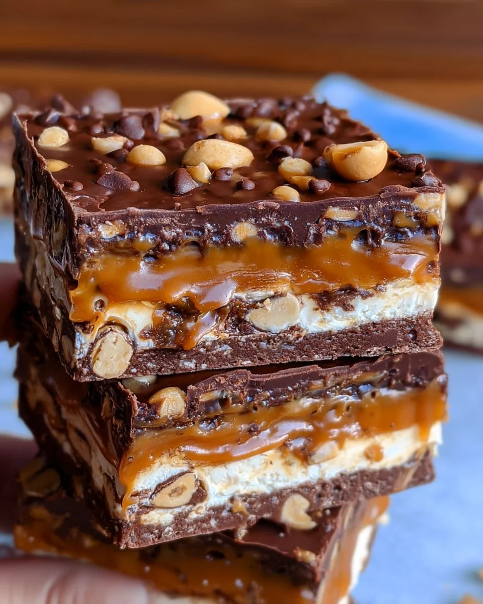 Home 2 No Bake Crispy Snickers Bars